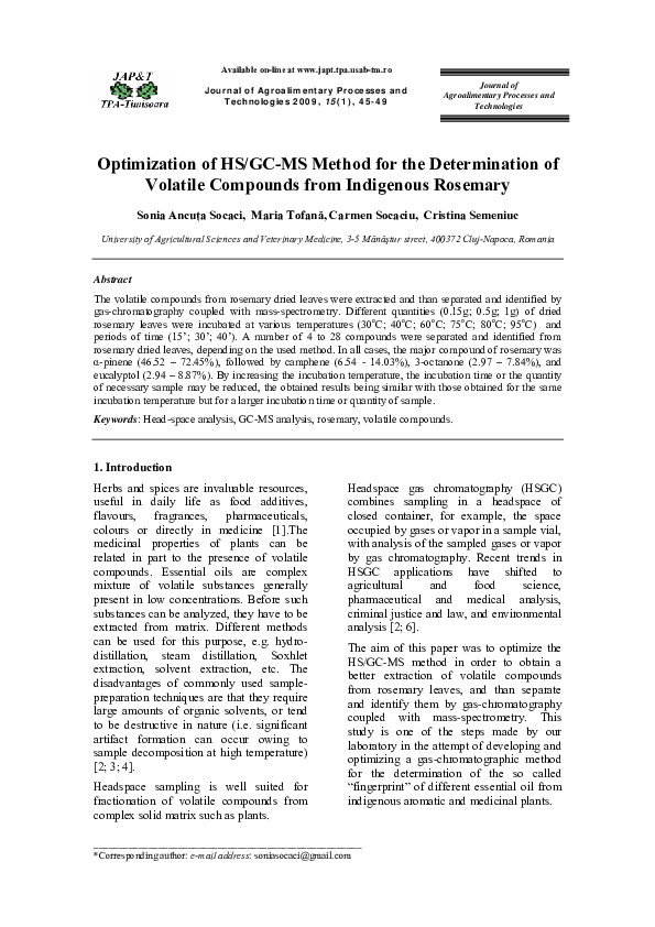 (PDF) Optimization of HS/GC-MS method for the determination of volatile ...