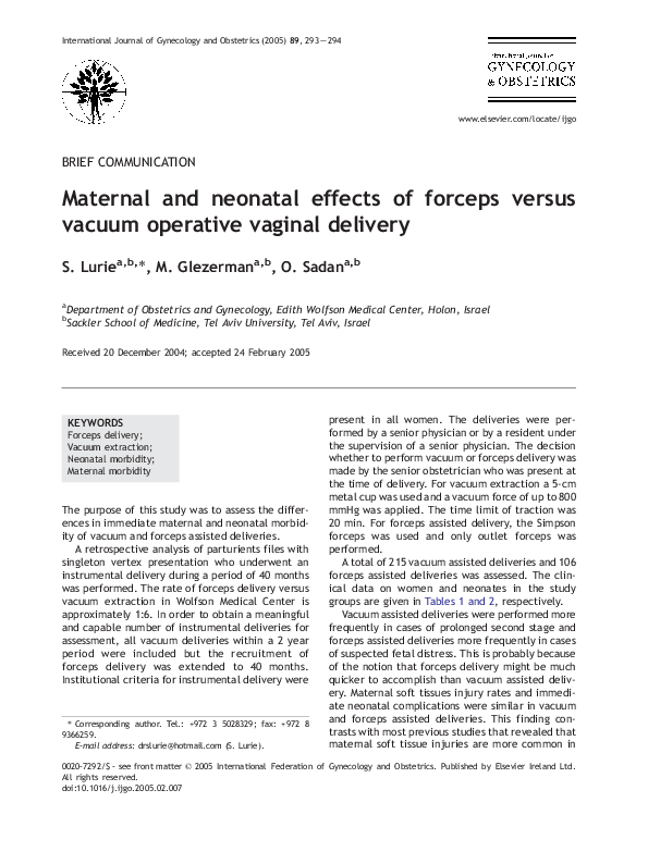 (PDF) Maternal and neonatal effects of forceps versus vacuum operative