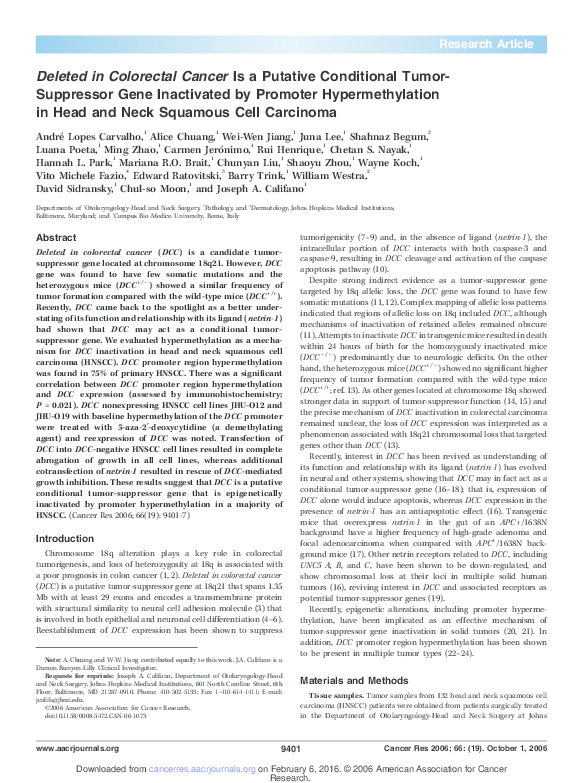 (PDF) Deleted in Colorectal Cancer Is a Putative Conditional Tumor ...