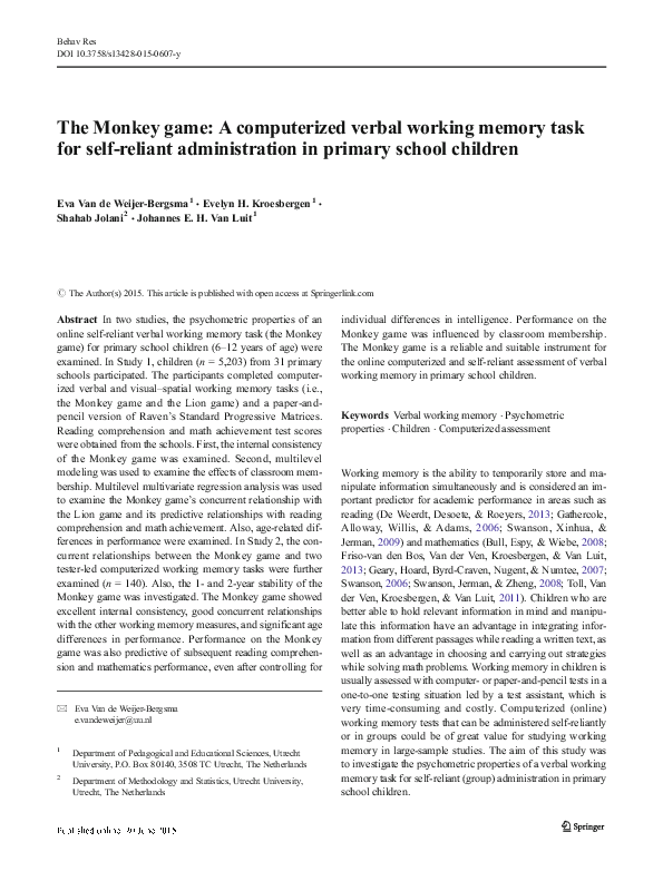 (PDF) The Monkey game: A computerized verbal working memory task for ...