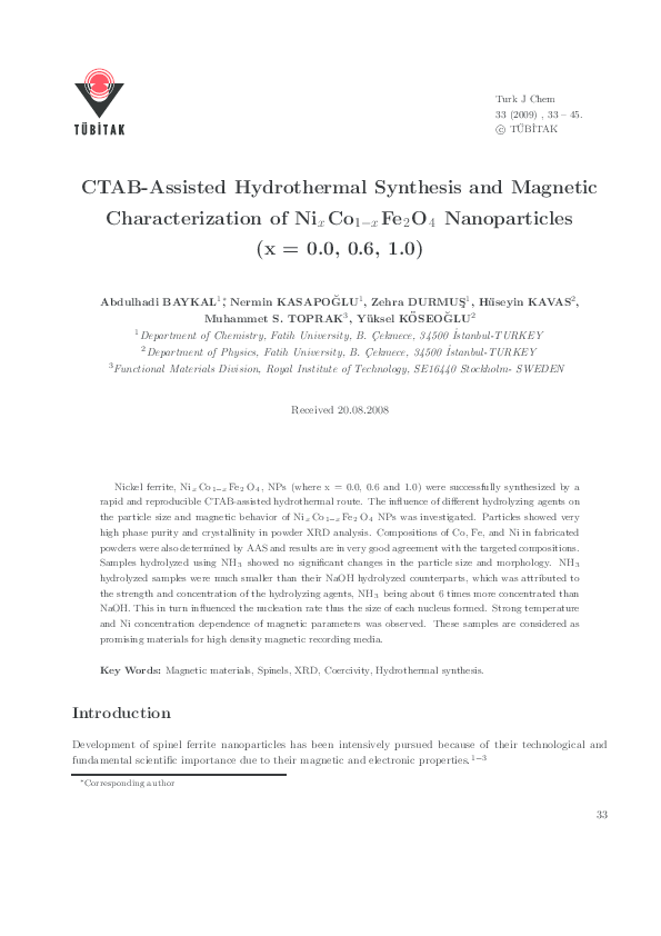(PDF) CTAB-assisted hydrothermal synthesis of NiFe2O4 and its magnetic ...