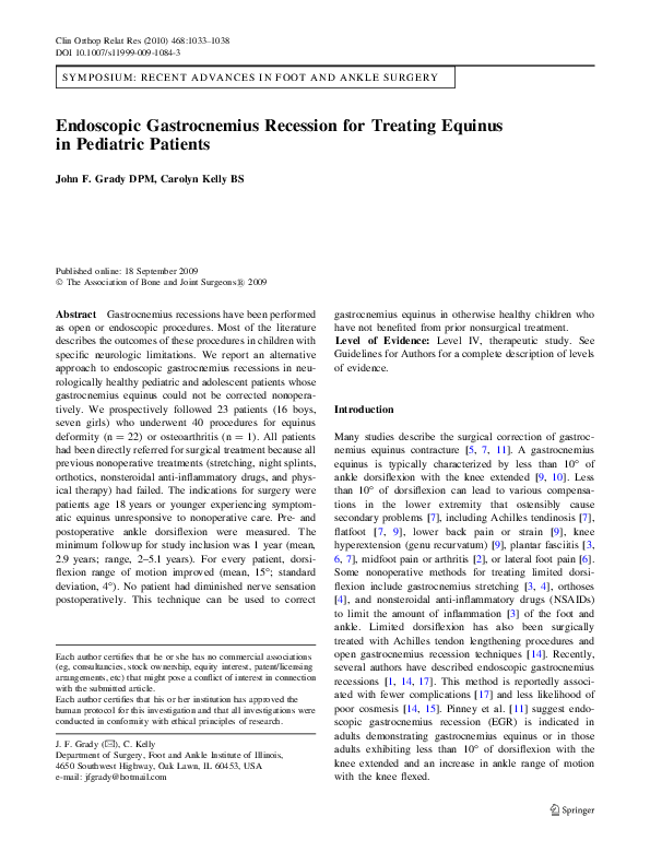 (PDF) Endoscopic Gastrocnemius Recession for Treating Equinus in