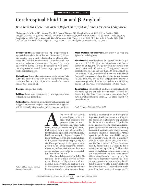 (PDF) Cerebrospinal Fluid Tau and β-Amyloid