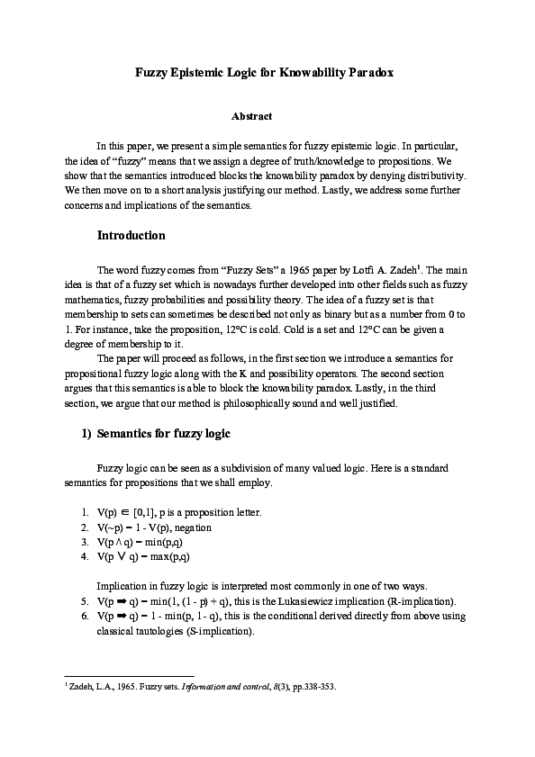 (PDF) Fuzzy Epistemic Logic for Knowability Paradox