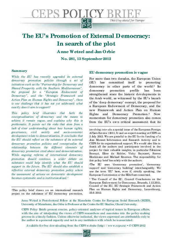 (PDF) The EU’s Promotion of External Democracy: In Search of the Plot
