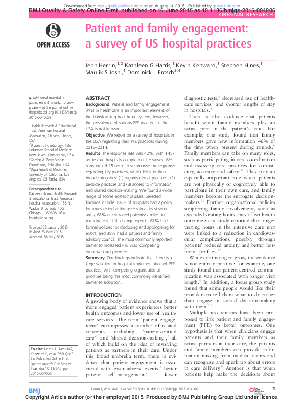 (PDF) Patient and family engagement: a survey of US hospital practices