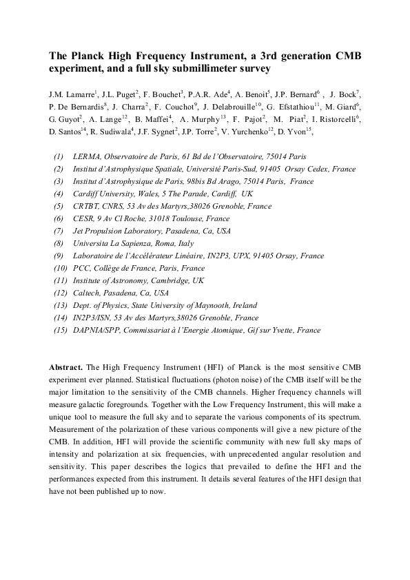 (PDF) The Planck High Frequency Instrument, a third generation CMB ...