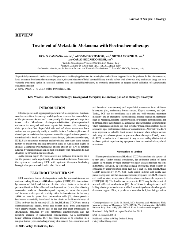 (PDF) Treatment of metastatic melanoma with electrochemotherapy
