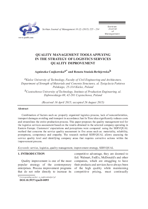 (PDF) Quality management tools applying in the strategy of logistics ...