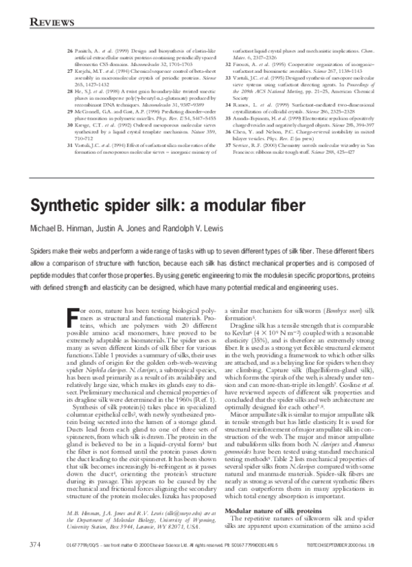 (PDF) Synthetic spider silk a modular fiber Justin Jones Academia.edu