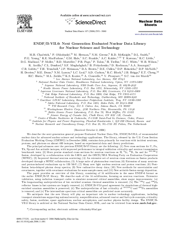  pdf endf b vii 0 next generation evaluated nuclear data library for