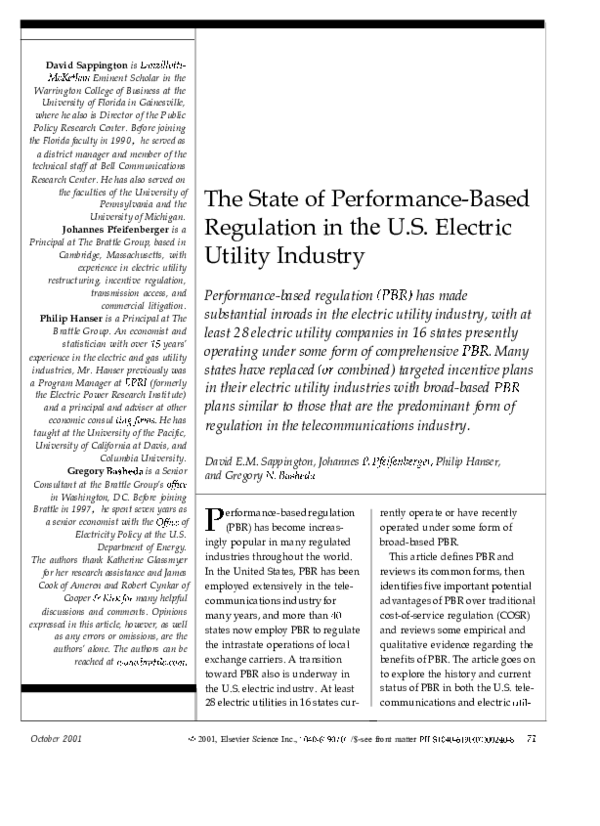 (PDF) The State of Performance-Based Regulation in the U.S. Electric ...