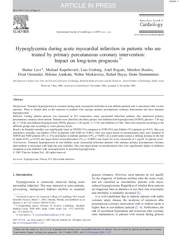 (PDF) Hyperglycemia during acute myocardial infarction in patients who ...
