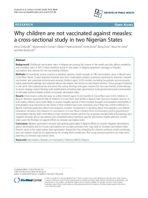 (PDF) Why children are not vaccinated against measles: a cross ...