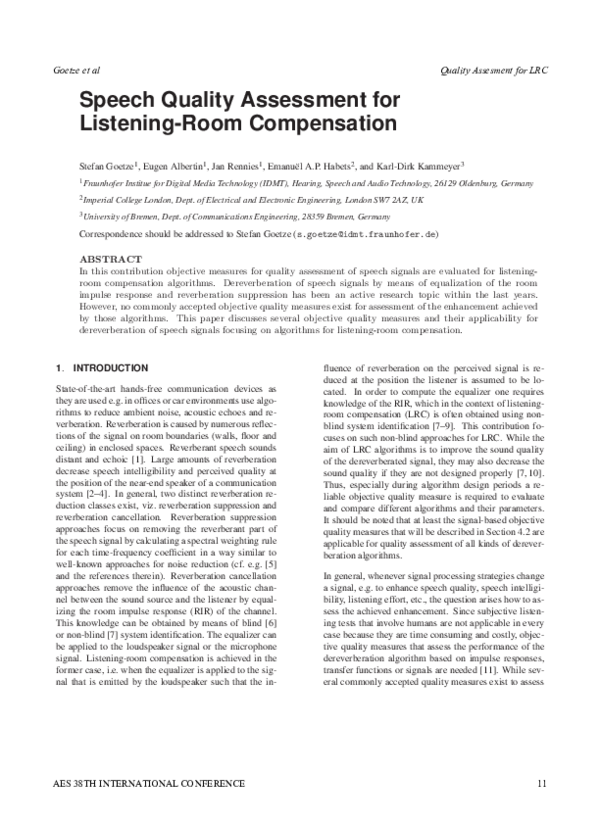 (PDF) Speech Quality Assessment for ListeningRoom Compensation