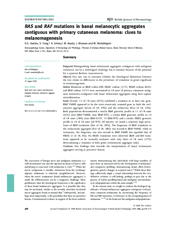 (PDF) RAS and RAF mutations in banal melanocytic aggregates contiguous ...