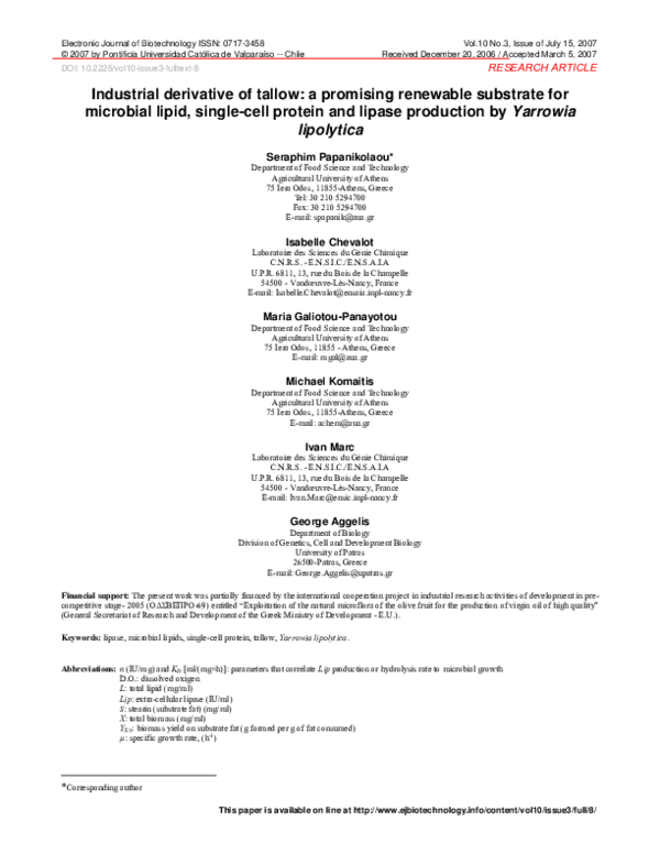 (PDF) Industrial derivative of tallow a promising renewable substrate for microbial lipid