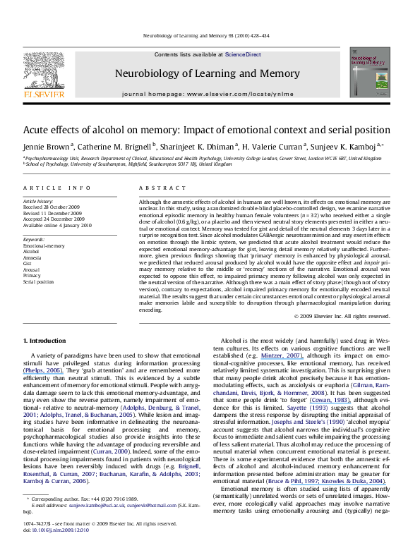 (PDF) Acute effects of alcohol on memory: Impact of emotional context ...
