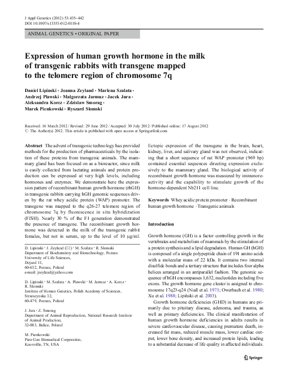(PDF) Expression of human growth hormone in the milk of transgenic ...