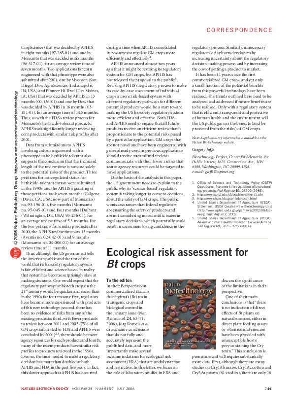 (PDF) Reply to Ecological risk assessment for Bt crops