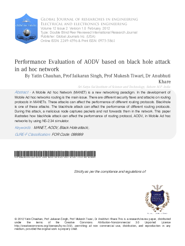 (PDF) Performance Evaluation of AODV based on black hole attack in ad ...