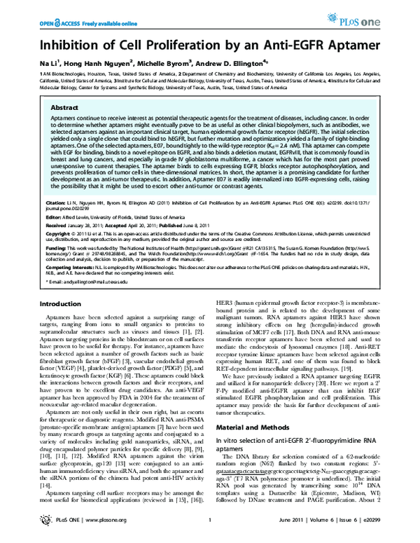 (PDF) Inhibition of Cell Proliferation by an Anti-EGFR Aptamer