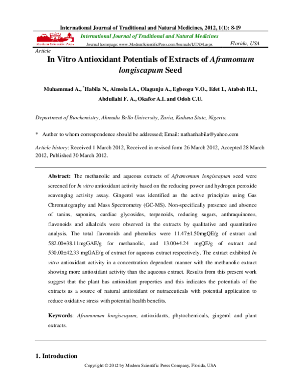 (PDF) In vitro antioxidant potentials of extracts of Aframomum ...
