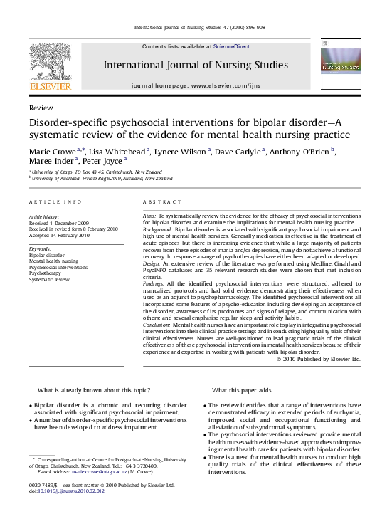  PDF Disorder specific Psychosocial Interventions For Bipolar Disorder 