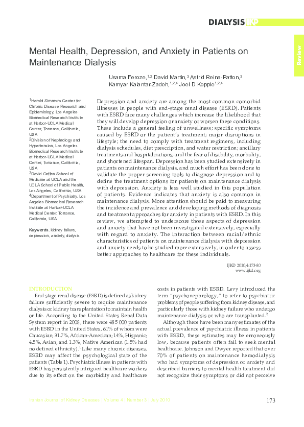(PDF) Mental health, depression and anxiety in maintenance dialysis ...