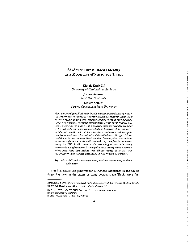 (PDF) Shades of Threat: Racial Identity as a Moderator of Stereotype Threat