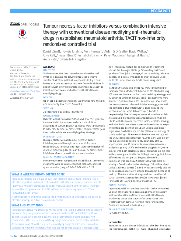 (PDF) Tumour necrosis factor inhibitors versus combination intensive ...