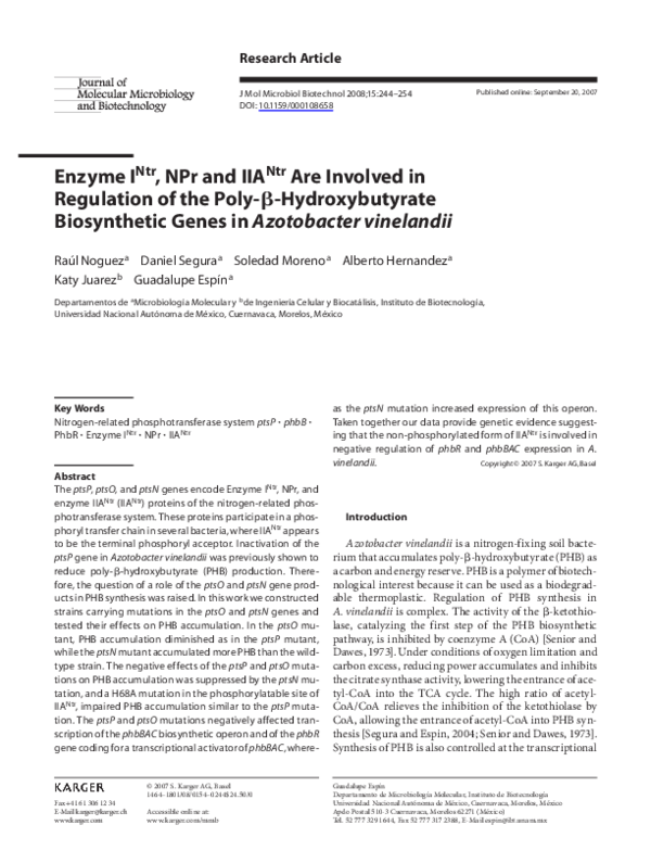 (PDF) Enzyme I Ntr , NPr and IIA Ntr Are Involved in Regulation of the ...