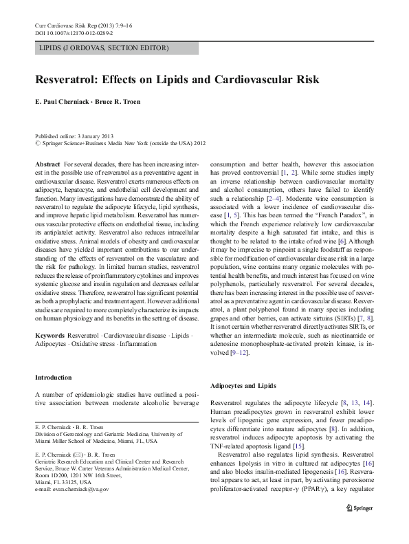 (PDF) Resveratrol: Effects on Lipids and Cardiovascular Risk