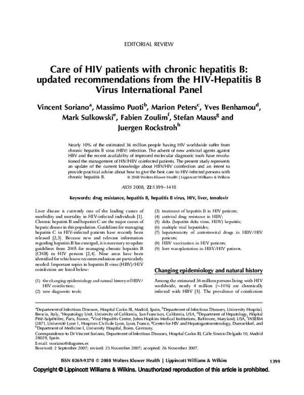 (PDF) Care of HIV patients with chronic hepatitis B: updated ...