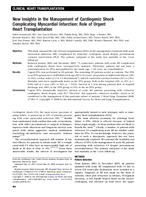 (PDF) New Insights in the Management of Cardiogenic Shock Complicating ...