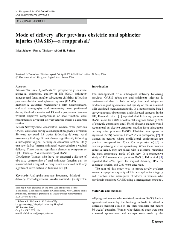 (PDF) Mode of delivery after previous obstetric anal sphincter injuries ...