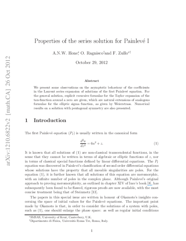 (PDF) Properties of the series solution for Painlevé I Federico Zullo