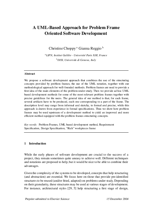 (PDF) A UMLbased approach for problem frame oriented software development Gianna Reggio