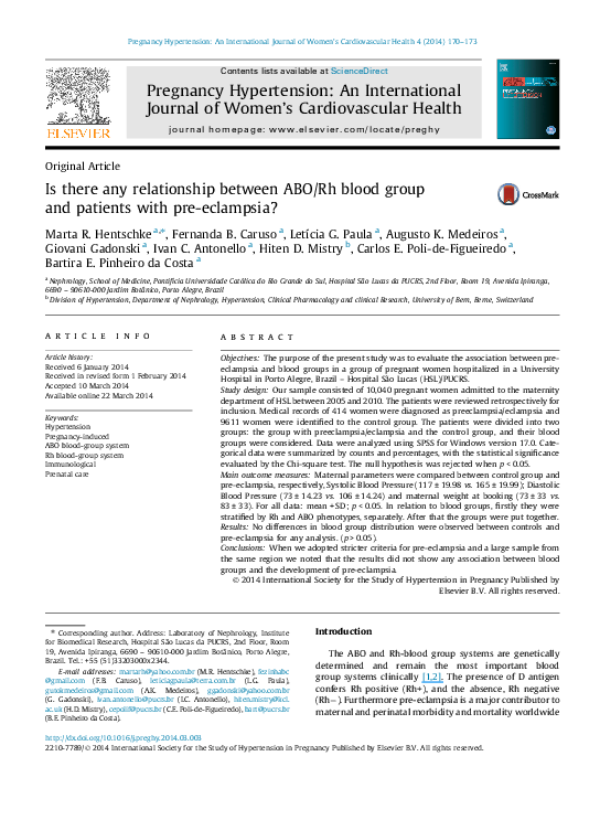 Pdf Is There Any Relationship Between Abo Rh Blood Group And Patients With Pre Eclampsia Giovani Gadonski Ivan Antonello And Fernanda Caruso Academia Edu