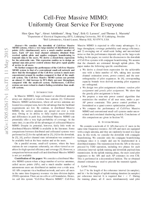 Pdf Cell Free Massive Mimo Uniformly Great Service For Everyone