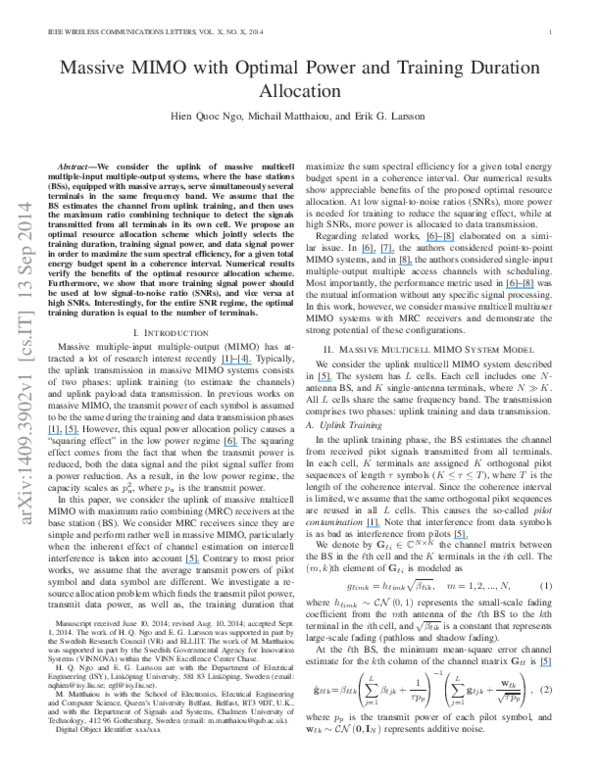 (PDF) Massive MIMO With Optimal Power and Training Duration Allocation