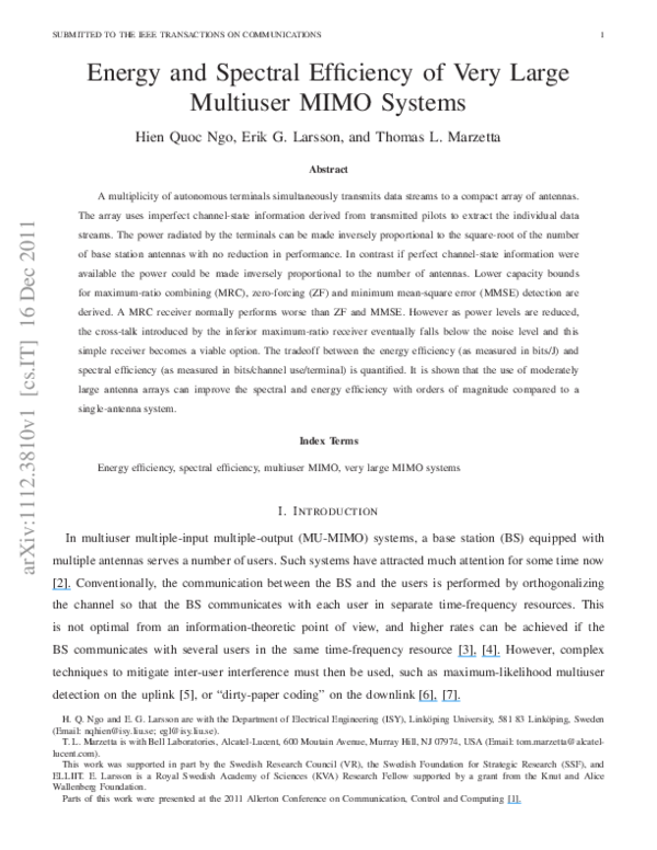 (PDF) Energy and Spectral Efficiency of Very Large Multiuser MIMO Systems
