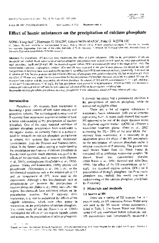 (PDF) Effect of humic substances on the precipitation of calcium phosphate