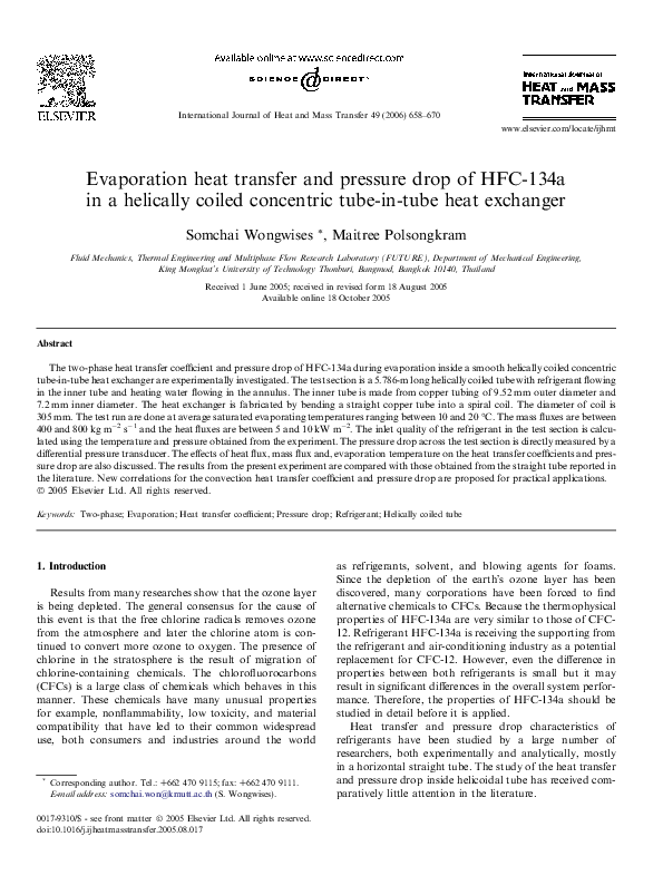 (PDF) Evaporation heat transfer and pressure drop of HFC-134a in a ...