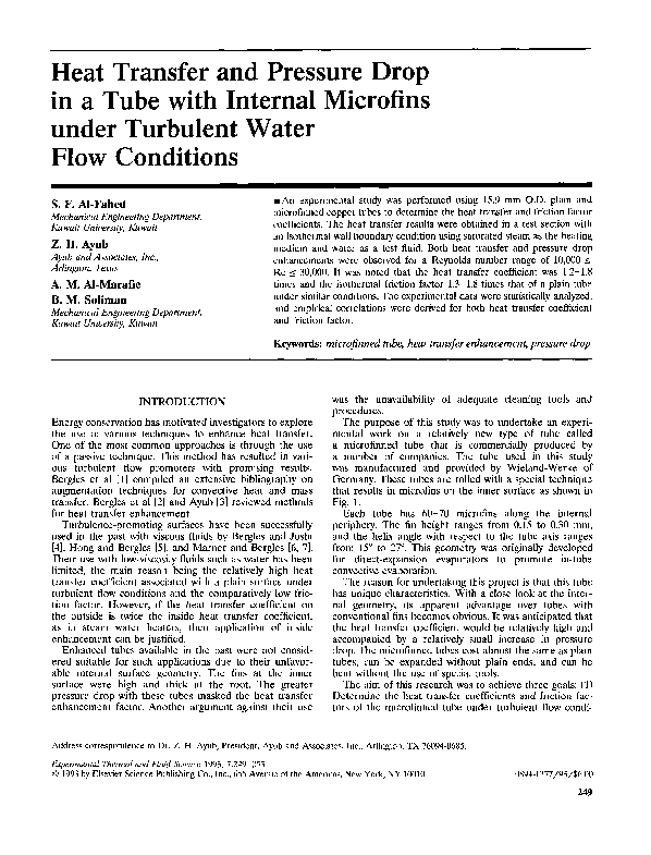 (PDF) Heat transfer and pressure drop in a tube with internal microfins ...