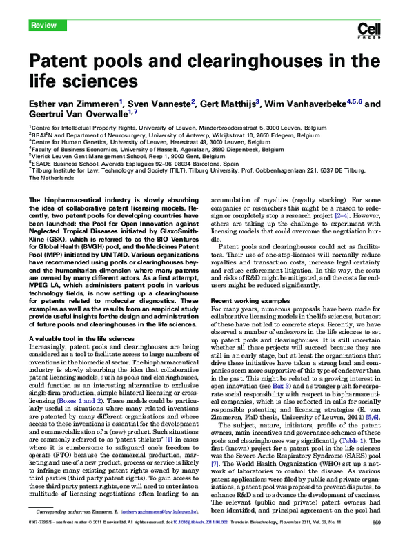 (PDF) Patent pools and clearinghouses in the life sciences