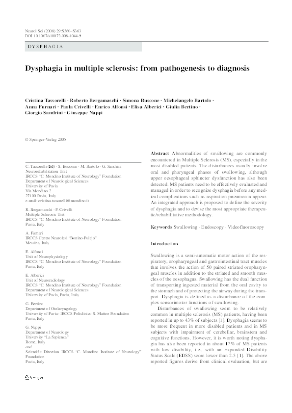 (PDF) Dysphagia in multiple sclerosis: from pathogenesis to diagnosis