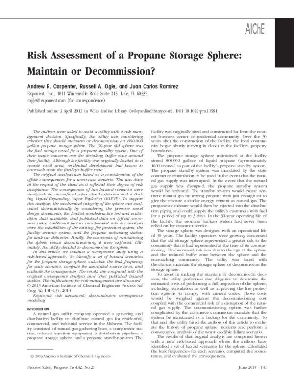 (PDF) Risk assessment of a propane storage sphere Maintain or