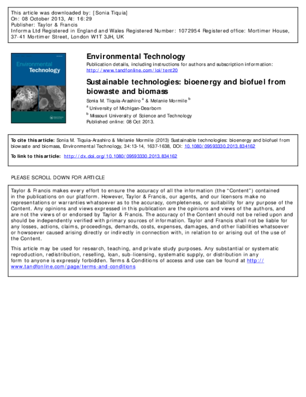 (PDF) Sustainable technologies: bioenergy and biofuel from biowaste and ...
