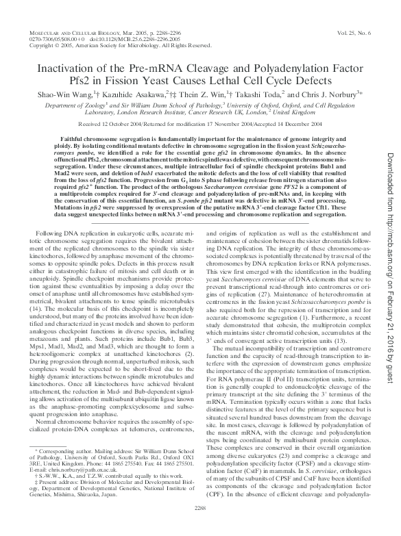 (PDF) Inactivation of the Pre-mRNA Cleavage and Polyadenylation Factor ...